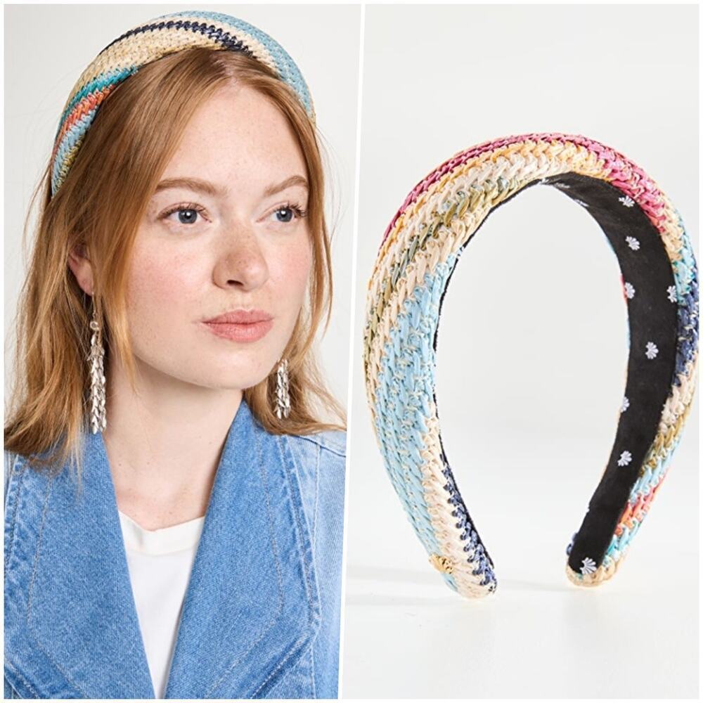 Lele Sadoughi Raffia Woven Headband Gold Logo NWOT